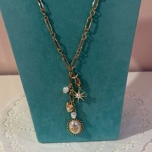 Gold Tone Charm Tassel Necklace with Pearl Accents